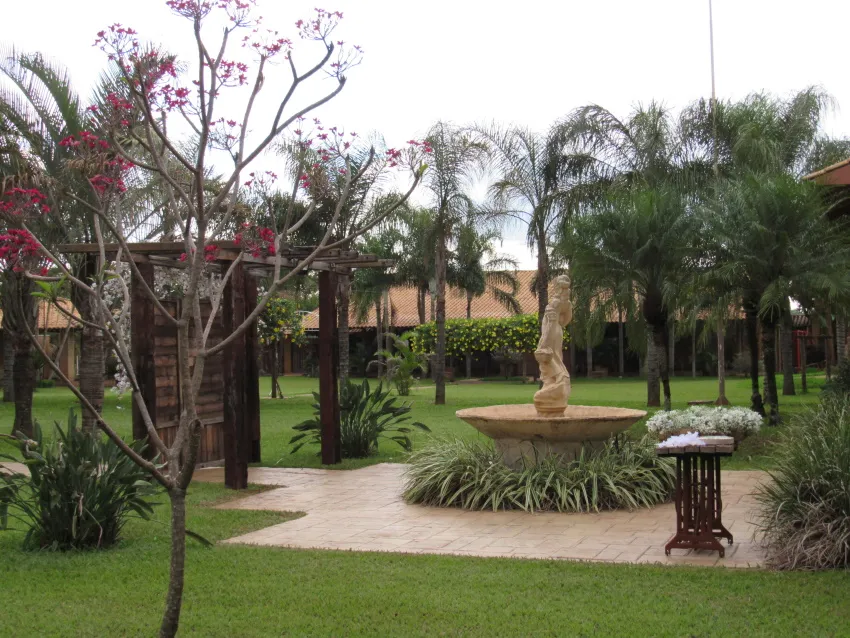 Jardim com fonte de pedra e palmeiras